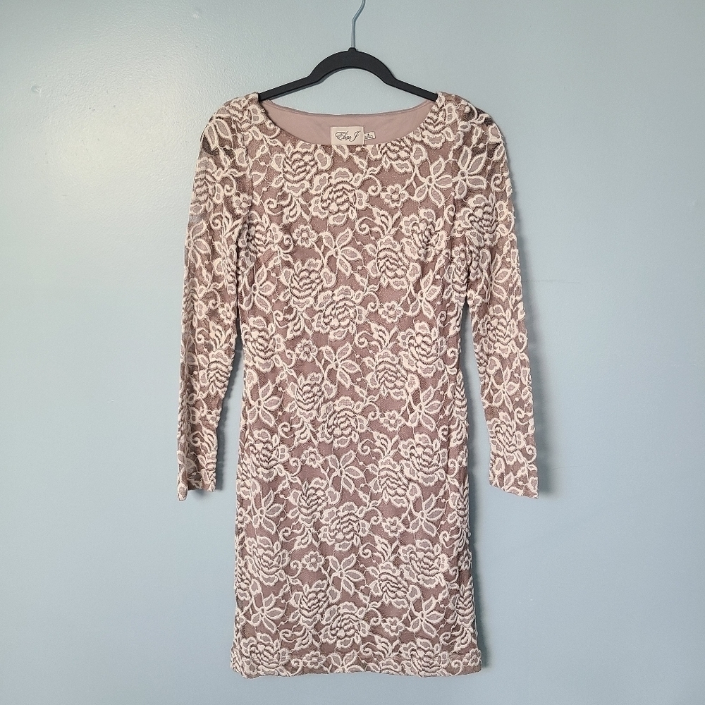 Eliza J Women's Tan Floral Lace Overlay Classic Elegant Long Sleeve Mini Dress - Picture 2 of 7